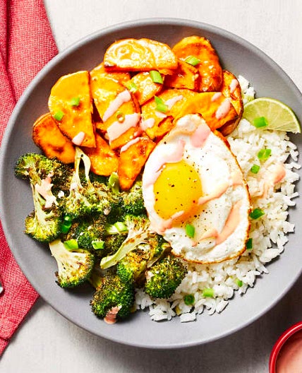 HF - Honey Miso Broccoli Donburi with Sweet Potato, Fried Eggs, Scallion Rice & Sriracha Mayo