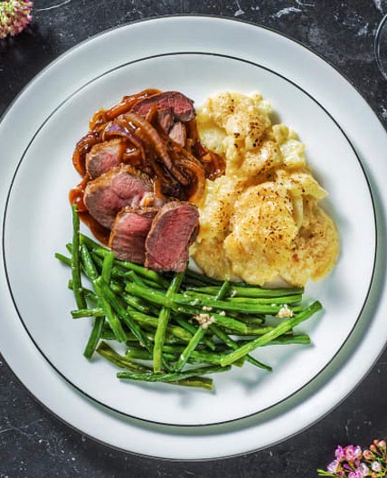 HF - Lamb Steak, Dauphinoise Potatoes and Red Wine Jus with Garlicky Green Beans
