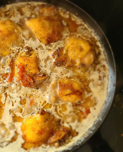Crispy Braised Chicken Thighs in Sun-dried Tomato Sauce + Mushroom Rice & Peas