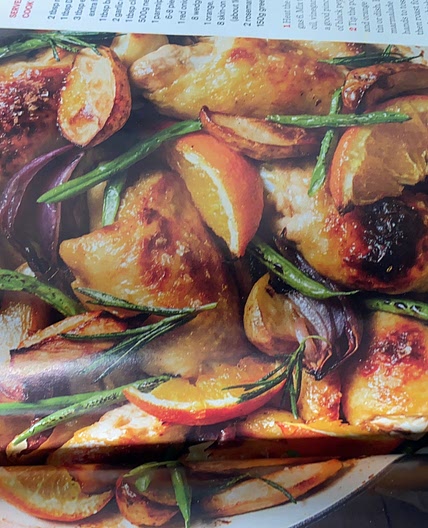 Roast chicken with mustard, marmalade,  parsnips and orange