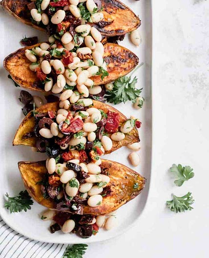 White Bean and Kale Pesto Stuffed Sweet Potatoes