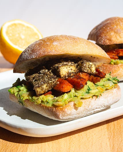 Za'atar Tofu Sandwich with Harissa Carrots & Mashed Lemon Dill Chickpea Avocado