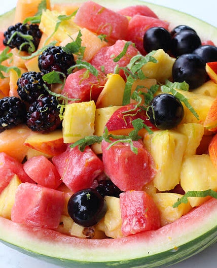 Tri-Color Fruit Salad with Minted Honey Yogurt