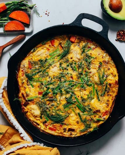 Frittata with Leeks, Asparagus, + Sweet Potato