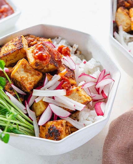 Almond Butter Tofu with Pea Shoots & Sticky Rice