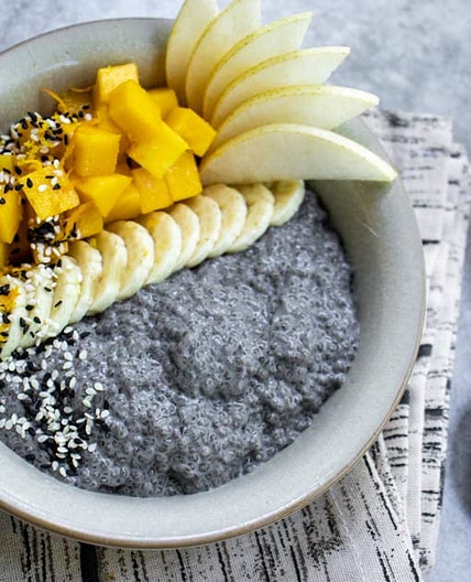 Chia Pudding, Black Sesame Milk, Mango