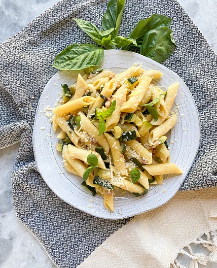 penne pasta + zucchini and prosciutto