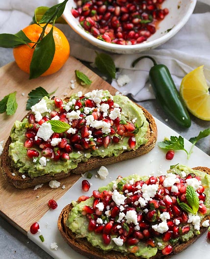 Avocado and Feta Toast with Pomegranate Seeds