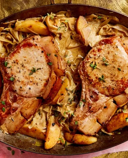 Blanche Vaughan’s pork chops with apple and fennel