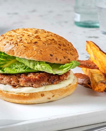 Mexican Style Pork Burger with Sweet Potato Chips, Zingy Salad and Lime Mayo