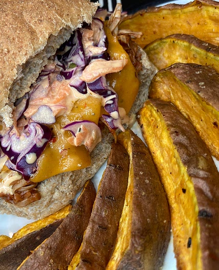 Pulled BBQ Jackfruit Burger w Coleslaw & Sweet Potato Wedges
