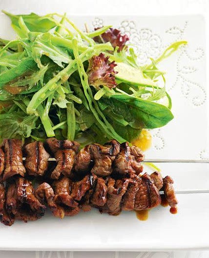 Teriyaki beef skewers with snow pea salad