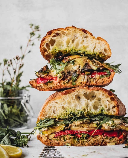 Roasted Vegetable and Burrata Antipasto Sandwich with Tarragon Lemon Basil Pesto