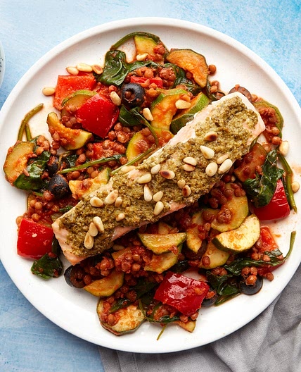 MC - Roasted pesto salmon & Mediterranean-style lentils