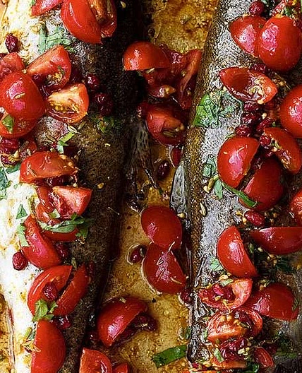Roasted trout with tomato, orange and barberry salsa