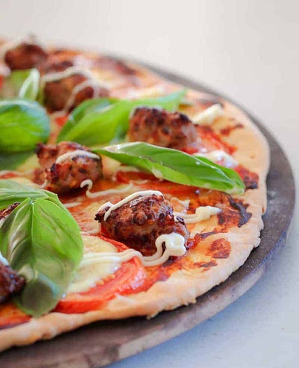 Italian Pizza with Pork Sausage, Basil & Tomato