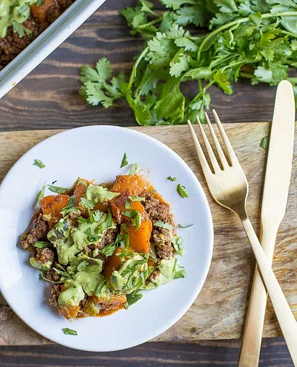 Beef Enchilada Bake with Cilantro Avocado Cream Sauce (Paleo, Whole30)