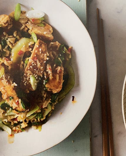 Crispy, Sticky Tofu with Pak Choi Wok-Tossed Rice