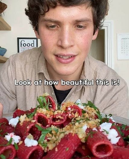 Beetroot Pasta with Vegan Feta by