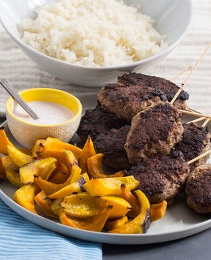 Mediterranean Beef Skewers with Roasted Shokichi Squash & Garlic Rice