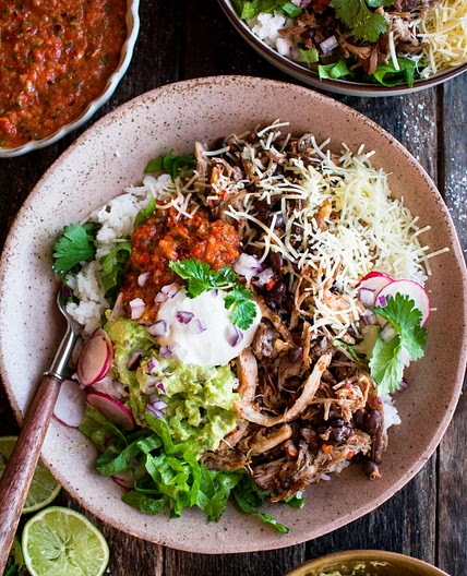 Carnitas Burrito Bowl with Red Pepper Salsa