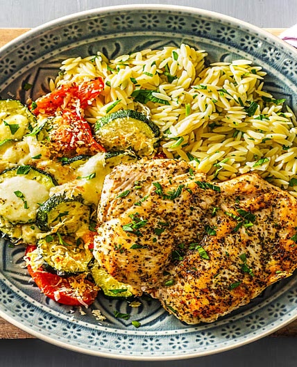 Chicken Orzo  with Cheesy Roasted Zucchini & Tomato