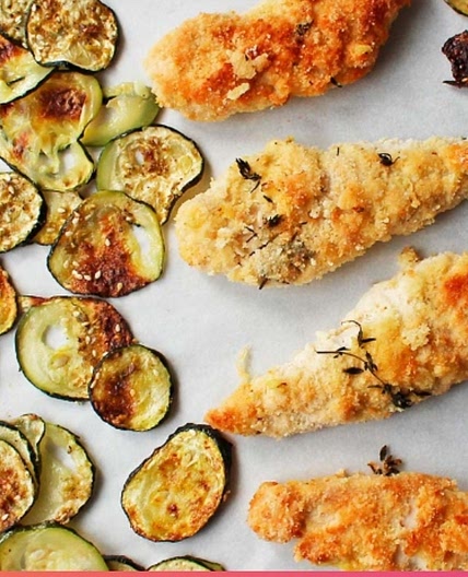 One Pan Almond Chicken Schnitzel With Zucchini Chips