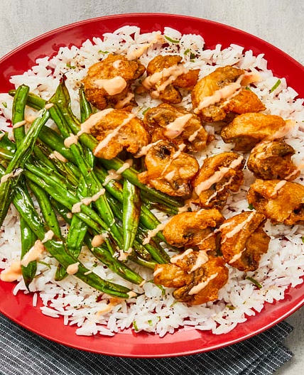 Dynamite Mushroom Tempura with Roasted Green Beans & Zesty Rice