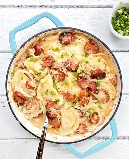Kielbasa, Pierogies & Sauerkraut Bake - Stovetop and Oven Method