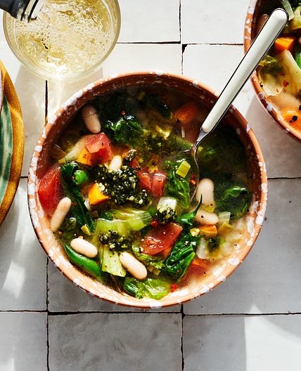Spring Vegetable Minestra with Mint & Basil Pistou