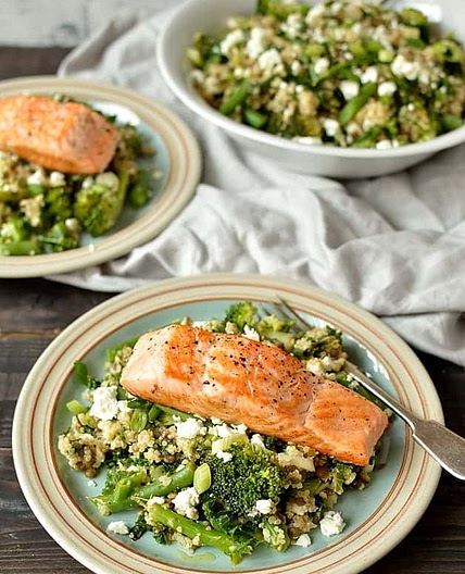 Quinoa, Lentil, Kale And Feta Salad With Salmon
