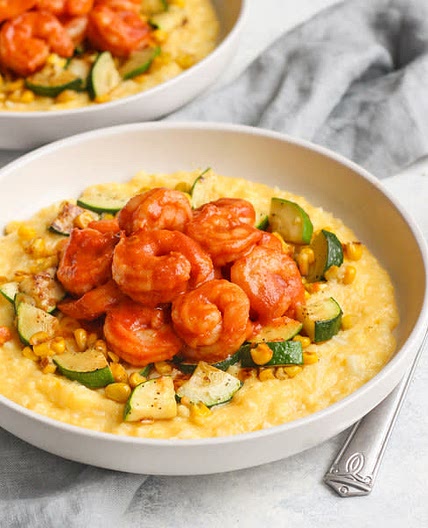 BBQ Shrimp, Zucchini and Corn over Cheddar Cauliflower Grits