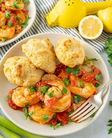 Cherry Tomato & Garlic Shrimp Sauté with Cornmeal Drop Biscuits