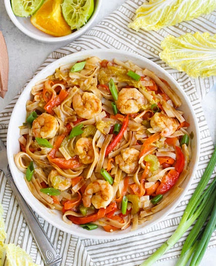 Sweet & Sour Shrimp with Rice Noodles, Carrots and Peppers