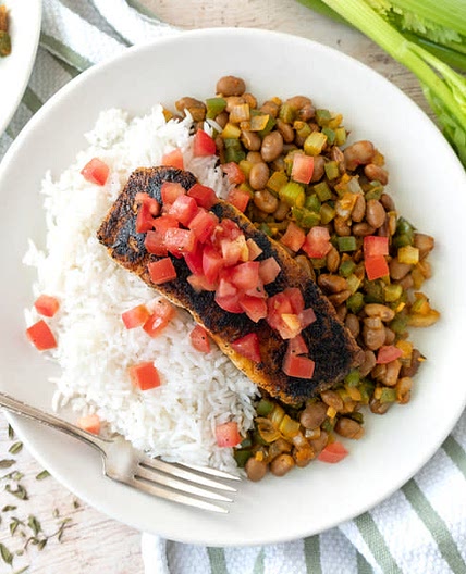 Blackened Salmon with Cajun-Spiced Beans, Rice & Tomato Relish