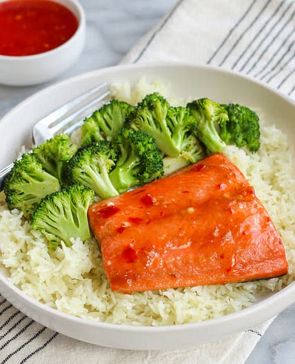 Simple Sweet Chili Salmon with Sesame Broccoli & Rice