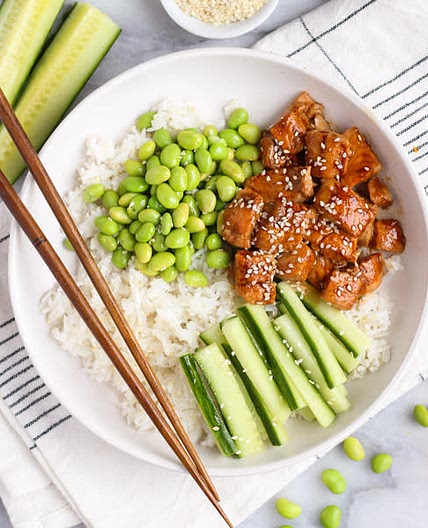 Maple-Teriyaki Salmon Sushi Bowls with Cucumber & Edamame