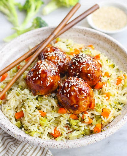 Teriyaki Salmon Meatballs with Broccoli, Carrot & Rice Pilaf