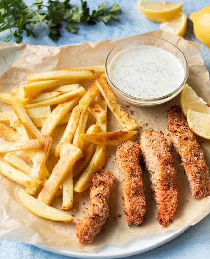 Salmon Fish Fingers with Oven-Baked Fries & Zesty Yogurt Sauce