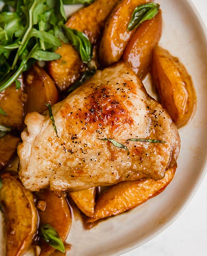 One Pan Balsamic Peach Chicken Thighs