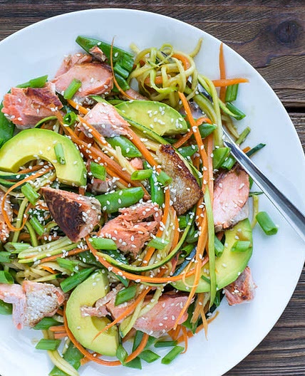Asian Salmon Zucchini Noodle Bowl with Carrots & Sugar Snap Peas