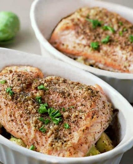 Baked Garlic Salmon and Brussels Sprouts