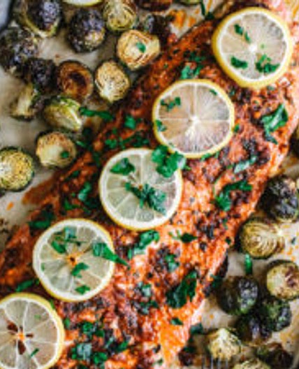 One Pan Roasted Citrus Glazed Salmon with Brussels Sprouts