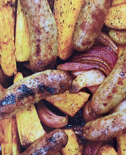 SMOKY SAUSAGE, SWEET POTATO & RED ONION TRAYBAKE