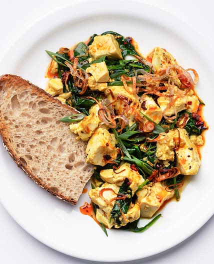Ginger-Scallion Tofu Scramble With Spinach and Chili Oil