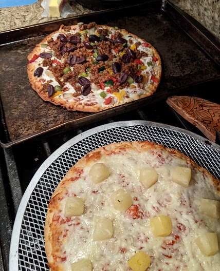 Family Pizza Night: pineapple & pepperoni, meat & vegie, vegie