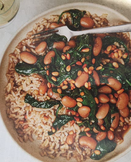 Butter bean and spinach stew with toasted pine nuts