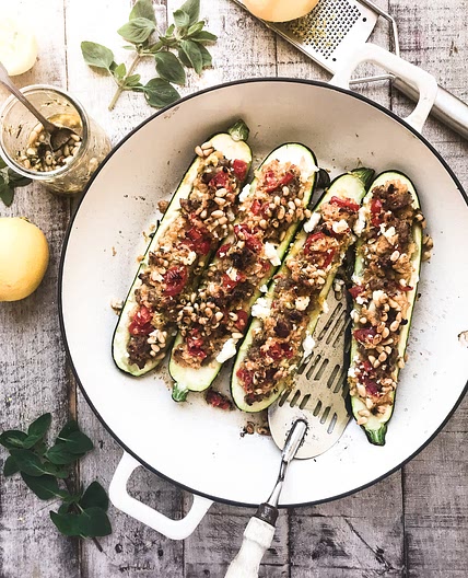 Stuffed Courgette with Pine Nut Salsa