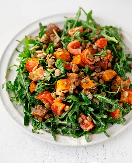 Tahini Mustard Sweet Potato, Lentil, and Arugula Salad