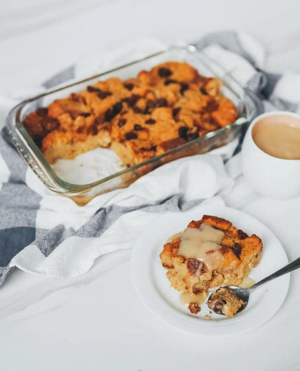 Low Sugar Bread Pudding with Vanilla Rum Sauce